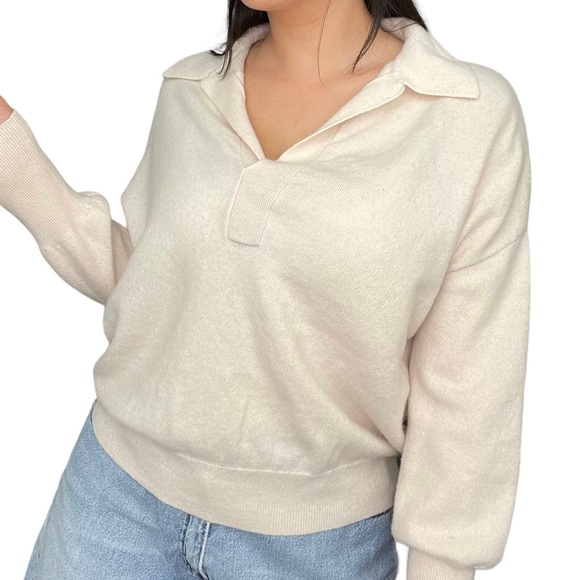 R Label Sweater Cashmere Wool Solid Ivory V Neck Collared Regular Size Small - Picture 3 of 8